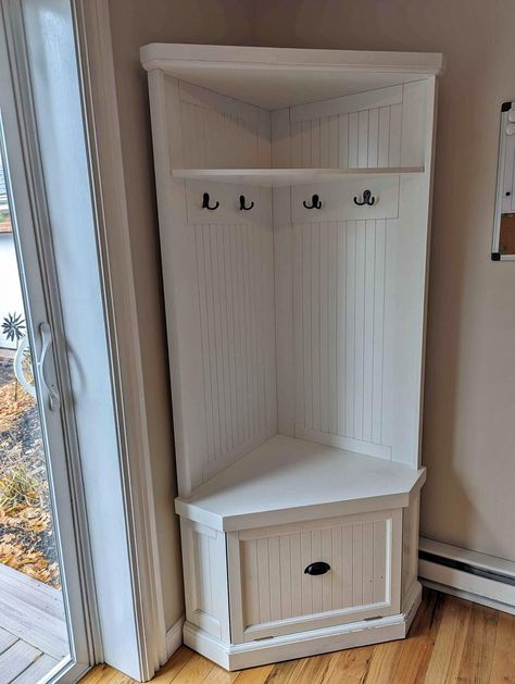 Corner Cabinet/Shoe and Coat Rack Corner Coat And Shoe Storage, Corner Hallway Storage, Corner Foyer Ideas Entrance, Corner Drop Zone Ideas, Corner Entryway Ideas, Corner Foyer, Corner Shoe Storage, Shoe And Coat Rack, Corner Coat Rack