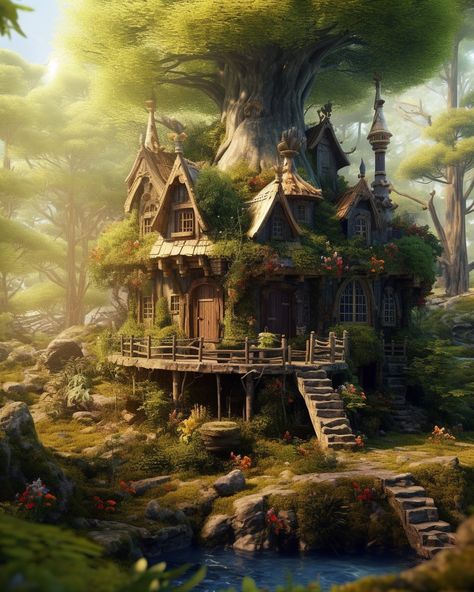 Fantasy House In The Woods, Fantasy Lodge, Druid House, Treehouse Aesthetic, Dnd House, Witches Hut, Witch Hut, Fantasy Architecture, Woodland Cottage