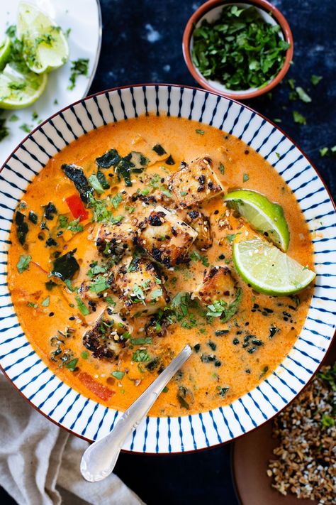 Red Curry Peanut Soup with Sesame Crusted Tofu Sesame Crusted Tofu, Red Curry Tofu, Crusted Tofu, Coconut Broth, Liquid Lunch, Tofu Recipes Vegan, Peanut Soup, Asian Vegetables, Grilled Tofu