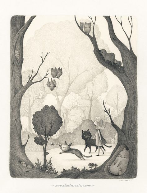 She And Her Cat, 동화 삽화, Arches Watercolor Paper, Arte Animal, Black And White Illustration, Art And Illustration, Picture Books, Childrens Illustrations, Children's Book Illustration