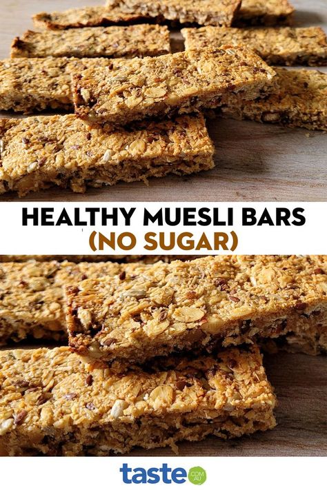 With only 154 cals per serving, these delicious oat, seed and nut muesli bars contain no sugar, are low cal and packed with healthy ingredients. Store them in an airtight container in the fridge or freezer to keep for up to 1 month. Healthy Muesli Bars, No Fridge Snacks, Muslie Bars, Healthy Muesli Bar Recipe, Healthy Muesli, Muesli Bar Recipe, No Sugar Snacks, Muesli Cookies, Muesli Slice