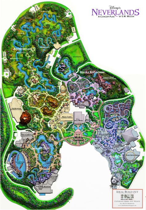 Neverlands concept plan, Ideal Buildout Disney Park Maps, Theme Park Planning, Theme Park Map, Lake Front House Plans, Concept Plan, Coaster Ideas, Planet Coaster, Disney Kingdom, Park Designs