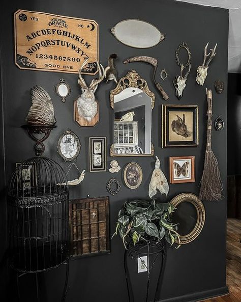 Dark Academia Gallery Wall Ideas, Fortune Goddess, Oddities Decor, Gothic Wall Decor, Black Living Room Decor, Spooky Home Decor, Dark Home Decor, Goth Home, Goth Home Decor