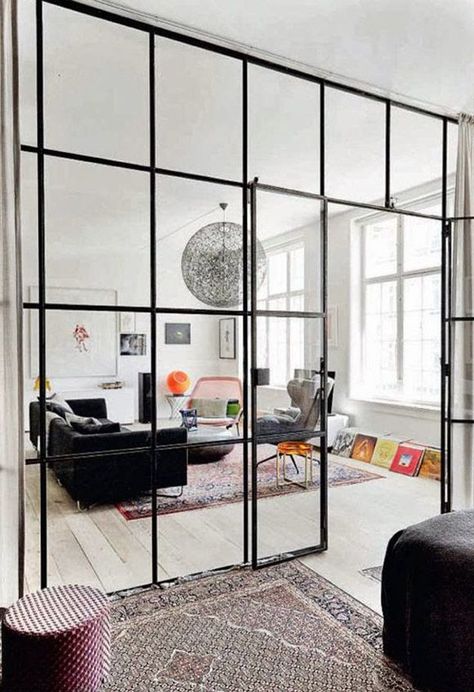 micro trend- black metal framed windows in copenhagen-2 Glass Room Divider, Glass Room, Loft Industrial, Glass Walls, Design Del Prodotto, Style At Home, Room Dividers, Elle Decor, Glass Doors