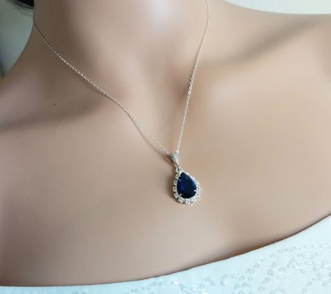 Midnight Blue Jewelry, Dark Blue Necklace, Dark Blue Jewelry, Blue Diamond Necklace, Bridal Necklaces, Blue Wedding Jewelry, Wedding Navy, Blue Pendant Necklace, Crystal Wedding Jewelry