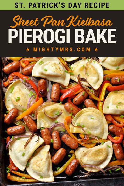 This Kielbasa Pierogi Bake is a delicious sheet pan dinner made with pierogies, kielbasa, bell peppers and red onions then finished off with fresh or dried chives. A quick and easy St. Patrick's Day dinner idea! SUPER easy! Made with frozen pierogies or we like to buy local homemade pierogies. Everything bakes in the oven on a baking sheet so clean it is simple — just one pan! The whole family will love this kielbasa and pierogi meal. Pierogies And Kielbasa, Pierogi Recipe, Kielbasa Recipes, Dinners Recipes, Sheet Pan Dinners Recipes, Recipe Sheets, Pan Dinners, Super Easy Recipes, Kielbasa