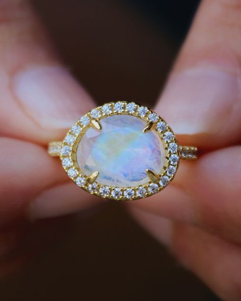 A little gemstone snack for your Friday- the Skye Moonstone Halo Ring in 14k Gold Vermeil.⚡️✨🌈 #moonstonering #gemstone #gemstonerings #jewelry #rings #moonstonejewelry #moonstone #shop #dallas #miami #nyc #newyork #chicago Country Necklace, Gold Moonstone Ring, Pave Band, Rainbow Moonstone Ring, Moonstone Jewelry, Moonstone Ring, Pretty Clothes, Sparkling Crystal, Unique Charms