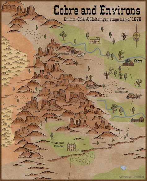 ProFantasy Community Forum - Cobre & Environs (more Deadlands) West Map, Western Games, Old West Town, Fantasy World Map, Savage Worlds, Tabletop Rpg Maps, Drawn Map, Western Artist, Dungeon Maps