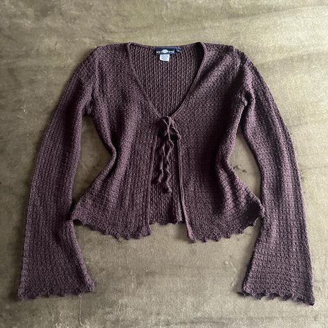 Brown tie-front sweater cardigan. Flared sleeves.... - Depop 2000s Cardigan, Fairycore Sweater, 2000s Boho, Tie Front Sweater, The Cardigans, Corset Midi Dress, Grunge Fairycore, Virtual Wardrobe, Boho Grunge