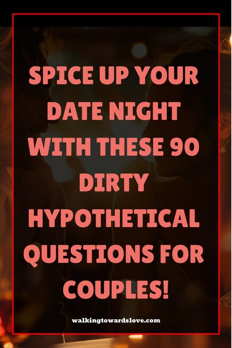 Looking to spice up your relationship? Check out these 90 dirty hypothetical questions for couples! Break the ice in a fun and exciting way as you explore new corners of each other's minds. From sensual scenarios to playful prompts, these questions are sure to add a spark to your love life. Get ready for steamy conversations and laughter-filled moments with your partner. Whether you're looking for naughty ideas or simply want to deepen your connection, these hypothetical questions will take your Fantasies Ideas For Couples, Spicy Ideas For Couples, Boyfriend Questions, Spice Up Your Relationship, Questions For Couples, Hypothetical Questions, Truth Or Dare Questions, Dare Questions, Find A Husband