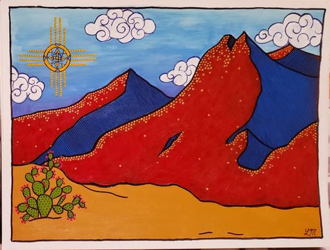 Southwestern Drawing, New Mexico Drawing Ideas, New Mexico Drawing, Cactus And Mountains Drawing, Cacti Landscape, Mexican Mountains, New Mexico Aesthetic, Desert Pattern, Arizona Sky Painting