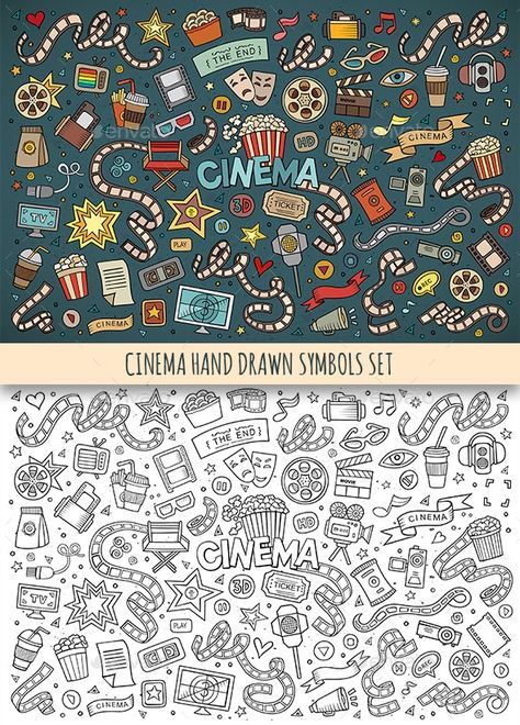 Film Doodle Art, Cinema Sketch, Film Doodle, Icon Doodles, Movie Clipart, Symbol Drawing, Doodle Art Drawing, Embroidery Template, Shiva Art