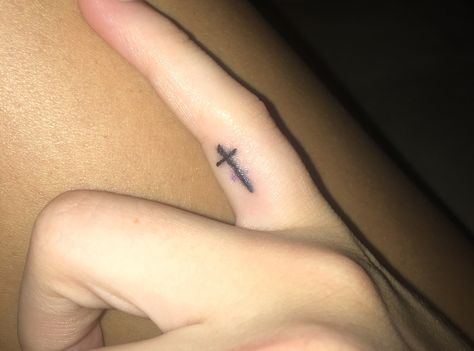 Pinky cross tattoo Cross On Pinky Tattoo, Cross Stick And Poke Tattoo, Pinky Tattoo, Stick Poke, Small Cross Tattoo, Stick Poke Tattoo, Stick And Poke Tattoo, Stick N Poke, Minecraft Farm