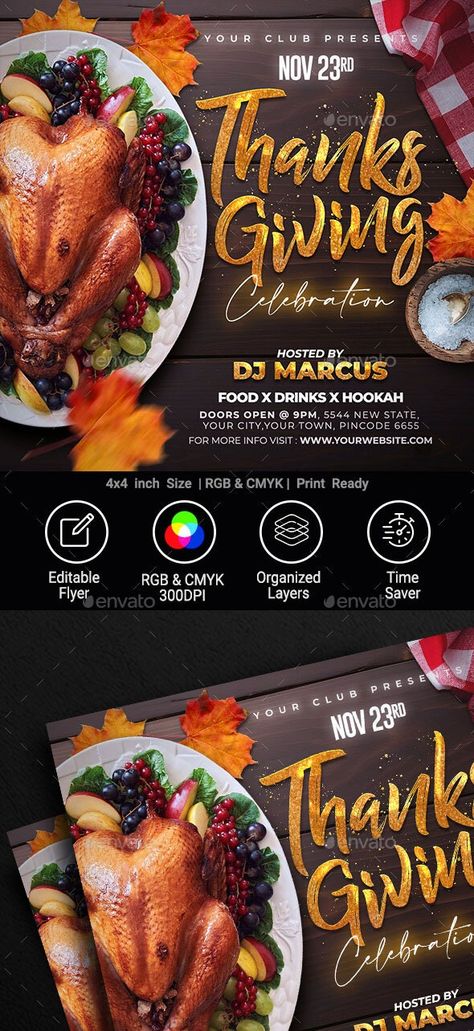 Thanksgiving Flyer - Clubs & Parties Events Thanksgiving Flyer Design, Flyer Design Background, Thanksgiving Flyer, Organizing Time, Design Background, Psd Files, Party Event, Flyer Template, Flyer Design