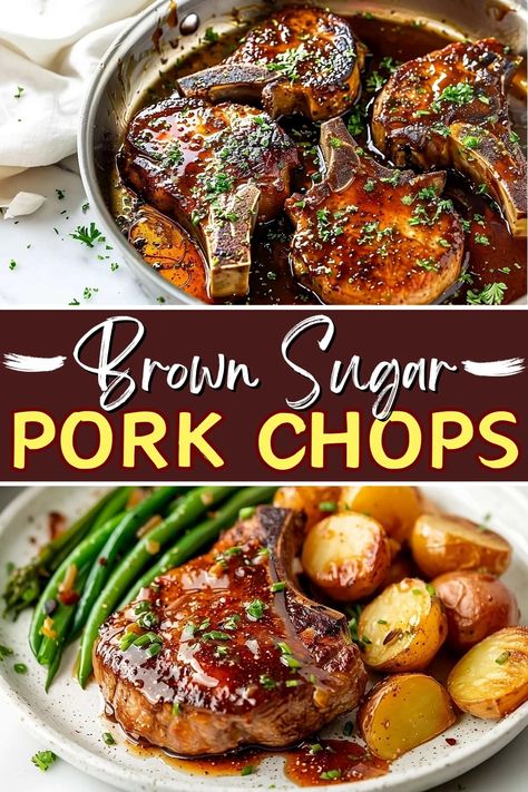 These brown sugar pork chops are the perfect combo of sweet and savory! You'll love the amazing caramelized crust. Brown Butter Pork Chops, Juicy Pork Loin Chops, Sweet Chili Pork Chops, Pork Chop Glaze Recipes, Assorted Pork Chops Recipes, Pork Chop Bowl, Pork Chops And Butternut Squash, Steak Pork Chops Recipes, Pork Chop Supper Ideas