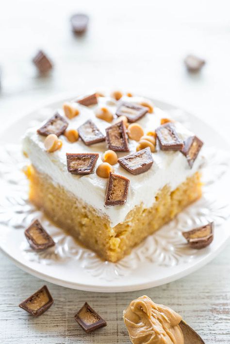 Better-Than-Anything Peanut Butter Cake - Averie Cooks Butter Yellow Cake, Peanut Butter Poke Cake, Pb Cups, Crumb Cake Recipe, Averie Cooks, Peanut Butter Chocolate Bars, Poke Cake Recipes, Peanut Butter Cake, Vegetarian Cake