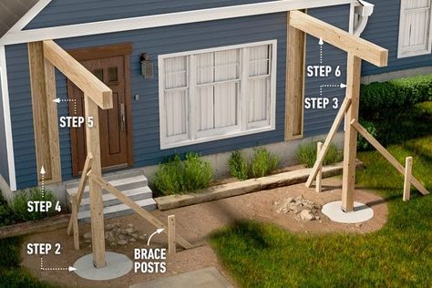 How to Add a Covered Entryway to Your Home (DIY) | Family Handyman Roof Over Front Porch, Diy Exterior Siding Ideas, Front Door Pergola Ideas, Diy Door Awnings Exterior, Diy Porch Awning, Porch Cover Ideas, Door Awnings Exterior Diy, Build A Covered Porch, Covered Entryway Exterior