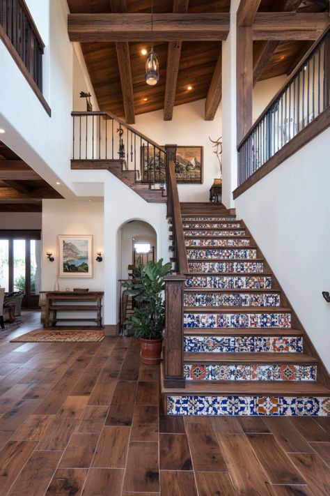 A rustic interior scene featuring exposed wood beams, vibrant Mexican tile insets, and a warm earth-tone color palette – ultra-realistic, cozy, and inviting. Hacienda Style Stairs, Home Decor Ideas Spanish Style, Mexico Luxury Home, Casita Decor Ideas, Mexican Victorian Homes, Mexican Mediterranean Home, Mexico Style Homes Interiors, Latin House Decor, Room Ideas Mexican Style