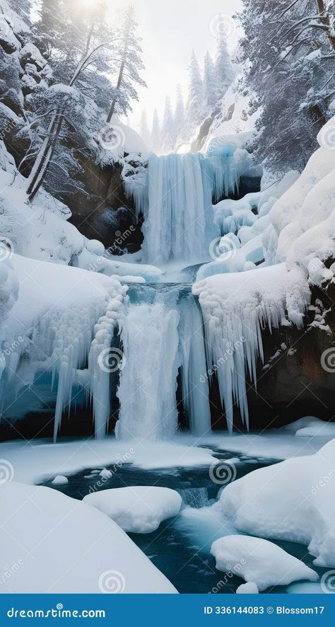 AI generated - A breathtaking scene of a frozen waterfall deep in a winter wilderness. Icicles form along the edges of the cascade, with snow blanketing the surrounding cliffs. Snow-laden trees frame the frozen waterfall, and sunlight glistens off the ice, creating an ethereal glow. Cold Background, Waterfalls Photography, Winter Wilderness, Frozen Waterfall, Background Landscape, Abstract Animal Art, Beautiful Snow, Forest Mountain, Waterfall Photography