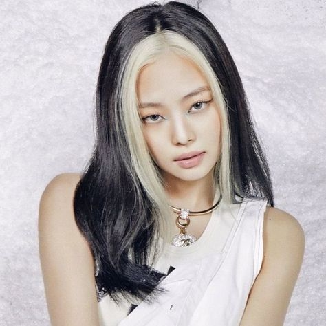 Jennie Black And White Hair, Jennie White Hair, Jennie White Background, Grunge Skirt, Ruby Jane Kim, Blonde Streaks, Women Crush, Instagram Photo Frame, Ideas Videos