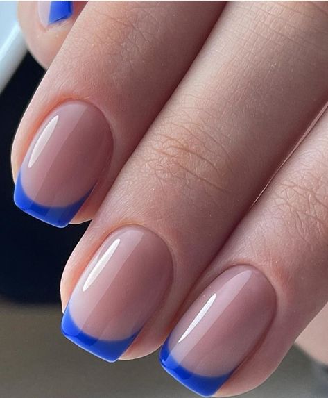 Spring Nails With French Tips, Creative French Nails, French On Short Nails, Cute Blue Nail Designs, Spring Nails Blue, Blue Gel Polish, Blue Gel Nails, Blue Acrylic Nails, Subtle Nails