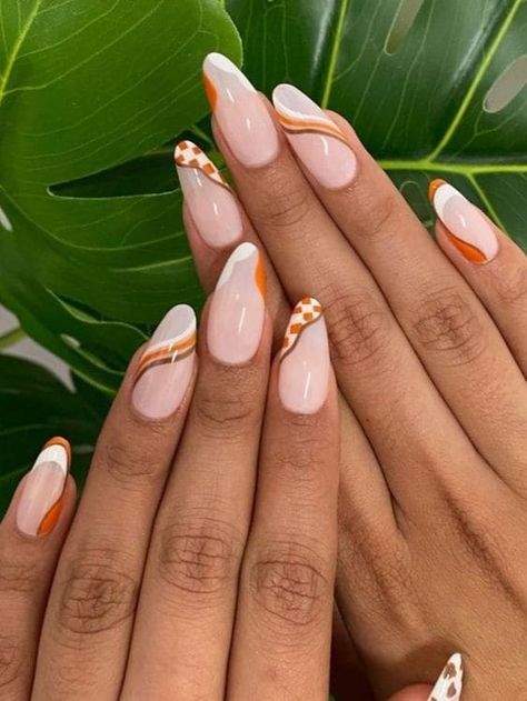 Burnt orange and white swirls on milky nails Burnt Orange Nails Designs Summer, Oranges On Nails, Nail Designs Burnt Orange, Terracotta Nails Designs, Burnt Orange And Gold Nails, Rusty Orange Nails, Burnt Orange French Tip Nails, Autumn Orange Nails, Brown Orange Nails