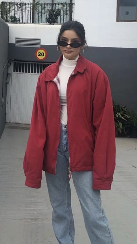 Maroon Shoes Outfit, Red Jacket Outfit, Fleece Jacket Outfit, Red Fleece Jacket, Red Denim Jacket, Fleece Outfit, Maroon Jacket, Open Wardrobe, Denim Jacket Outfit