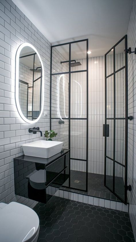 Small Vertical Bathroom Ideas, Tiny Black Bathroom, Bathroom Black Grout, White Tile Black Grout Bathroom, Tile Patterns Floor Layout, Modern Minimalist Small Bathroom, Modern Bathroom Shower Ideas, All Tile Bathroom, Black And White Restroom