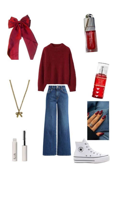 This idea is to give you ideas how you maybe want to dress Outfit Ideas Red Sweater, Cute Red Sweater Outfits, Red Based Outfits, White And Red Christmas Outfit, Red Shirt Christmas Outfit, Christmas Outfits Aesthetic Red, Red Sweater Jeans Outfit, Red And White Sweater Outfit, Outfit With Red Sweater