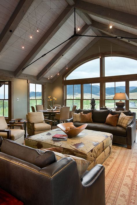 Barn Style Homes, Great Room Windows, Barndominium With Big Windows, Barndominium Large Windows, Cabin With Large Windows, Big Window Barndominium, Modern Cabin Big Windows, Mountain Home Interiors, Metal Building Designs