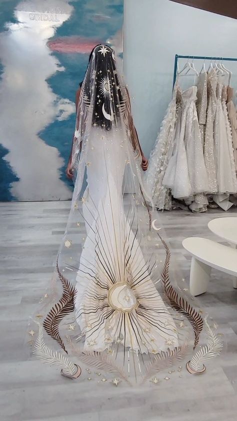 Wedding Dresses Special, Celestial Dress Wedding, Moon Goddess Wedding Dress, Spiritual Wedding Dress, Sun And Moon Wedding Dress, Cloud Wedding Dress, Celestial Wedding Dress Starry Nights, Celestial Wedding Dresses, Celestial Wedding Veil