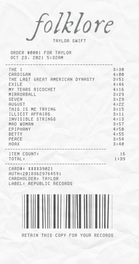 Folklore Album Receipt, Taylor Swift Folklore Receipt, Fokelore Aesthetic Taylor Swift, Taylor Swift Fokelore, Printable Phone Case Design Taylor Swift, Folklore Receipt, Music Receipt, Album Records, Album Receipts