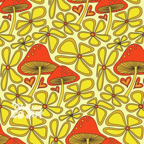 I made so many patterns recently I actually forgot about this one. 🍄 Mushrooms | flowers | floral | flower power | hippie | vintage | retro | 70s | seventies | groovy | summer of love | pattern | seamless pattern | pattern tile | pattern design | graphic design | illustration art | digital artist 60s Patterns Design, Retro Prints And Patterns, Hippie Patterns, 60s Flower Pattern, Tile Pattern Design, Mushroom Patterns, Illustration Art Digital, 70s Fashion Hippie, 70s Patterns