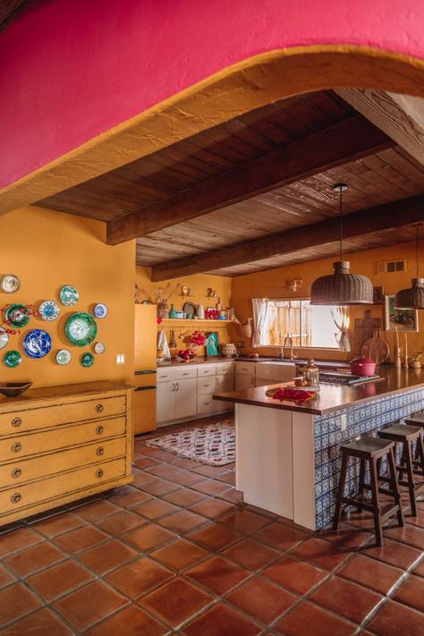 Yellow House Interior, Colombian Kitchen, Palm Springs Kitchen, Yellow Kitchen Walls, Yellow Dining Room, Custom Floating Shelves, Mexican Kitchen, Bold Kitchen, Kitchen Studio