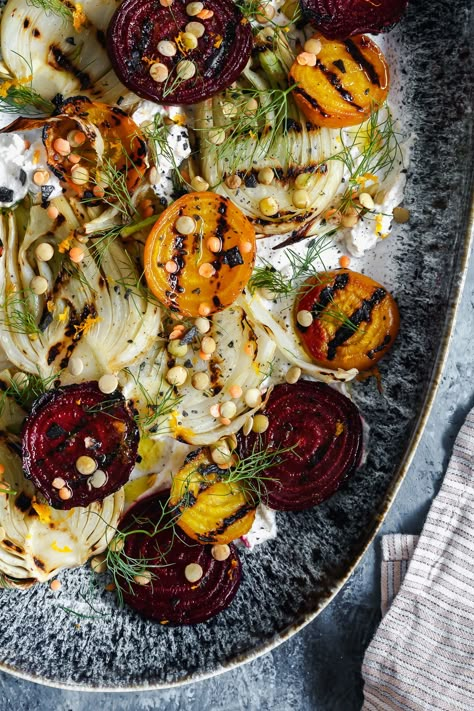 close up view of Grilled beet and fennel salad Sprouted Lentils, Grilled Beets, Grilled Fennel, Lentils Vegan, Grilled Salad, Vegan Grilling, Fennel Salad, Vegan Meal Plans, Lentil Recipes