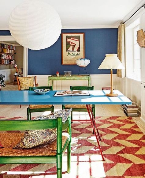 Sophie Morrison on Instagram: "@condenasttraveller inspiring our interiors with its selection of the best European apartments to rent when this lockdown is over! #Interiors #InteriorDesign #HomeInteriors #HomeStyling #InteriorStyling #Colour #HomeInspo" Colorful Apartment, Light Hardwood Floors, Deco Boheme, Blue Table, The Apartment, Decoration Inspiration, Colorful Table, Apartment Design, Interior Inspo