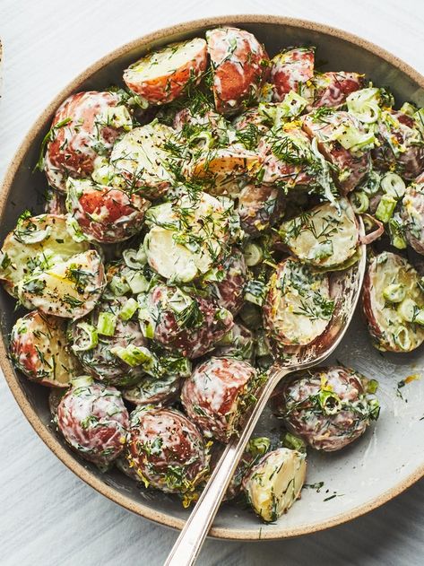 Creamy Potato Salad with Lemon and Fresh Herbs Recipe | Epicurious Lemon Potato Salad, Herb Potato Salad, Fresh Herb Recipes, Best Potato Recipes, Barley Salad, Salad With Lemon, Creamy Potato Salad, Buttermilk Fried Chicken, Herb Recipes