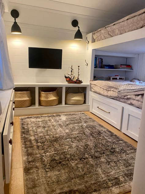 How to Remodel an RV: A Guide for RV Owners | RV Inspiration Rv Double Bunk Remodel, Rv Fifth Wheel Makeover, Rv Master To Bunkhouse, Rv Bunk Room Remodel, Rv Kids Room, Rv Bunkhouse Remodel, Small Rv Remodel, Rv Nursery, Rv Bedroom Remodel