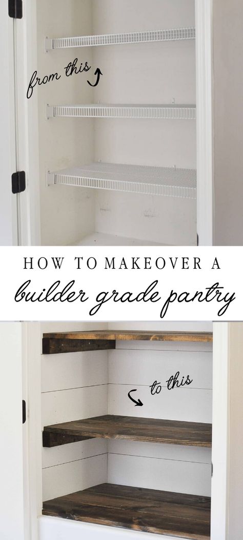 Diy Farmhouse Home Improvement, Farmhouse Open Pantry Ideas, Kitchen Pantry Closet Organization, Rustic Pantry Organization, Pantry Ceiling Ideas, Simple Diy Home Renovations, Modular Home Improvements, Turn Hall Closet Into Pantry, Diy Pantry Redo