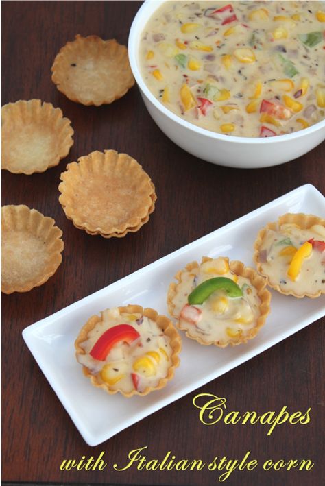 Jaya's recipes: Canapes with Italian style corn Veg Starter Recipes, Appetizer Recipes Vegetarian, Veg Appetizers, Cook Corn, Canapes Recipes, Recipe App, Veg Snacks, Indian Appetizers, Spicy Snacks Recipes