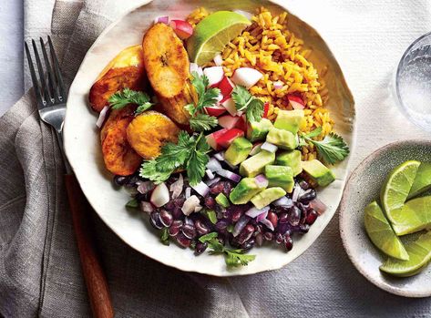 Don't think you can get a filling, flavorful meal in just one bowl? We're here to prove you wrong. Brighten up dinnertime with this colorful, customizable meal. Start with bowls filled with yellow rice, black beans, and plantains, and then let everyone add their favorite toppings. If your family loves avocado, make sure you have enough to go around. You'll be floored by how much flavor fits into one bowl of this meatless meal. This simple recipe will be on your table in just 50 minutes, and ... Bowl Dinners, Cooking Beans, Cuban Black Beans, Rice Beans, Rice Bowls Recipes, Yellow Rice, Mexican Foods, Hungry Girl, Favorite Meals