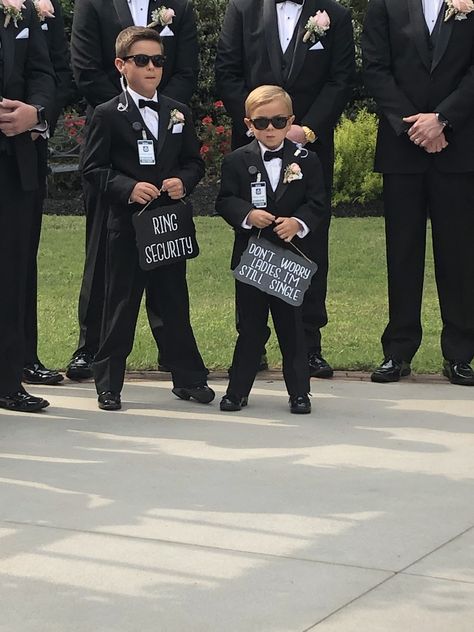 Brothers that are ring bearers/security guards Fbi Ring Bearer, Usher For Wedding, Ring Bearer Secret Service, Ring Bearer Outfit Security, Ring Bear Security, Security Ring Bearer Boys, Multiple Ring Bearers, Ring Security Proposal Ideas, Three Ring Bearers