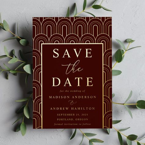 $ 3.95 - Modern Arch Deco Wedding Save the Date - wedding save the date, gold foil, modern, art deco save the date, arch, art deco, elegant, vintage, formal, burgundy and gold Art Deco Save The Date, Foil Save The Dates, Arch Pattern, Foil Wedding Invitations, Foil Invitations, Sophisticated Wedding, Save The Date Templates, Deco Wedding, Gold Invitations