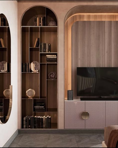 Living Room Wall Units, Tv Unit Interior Design, Living Tv, Tv Room Design, Shelving Design, Tv Wall Decor, Living Room Partition, Colour Theme, Living Room Partition Design