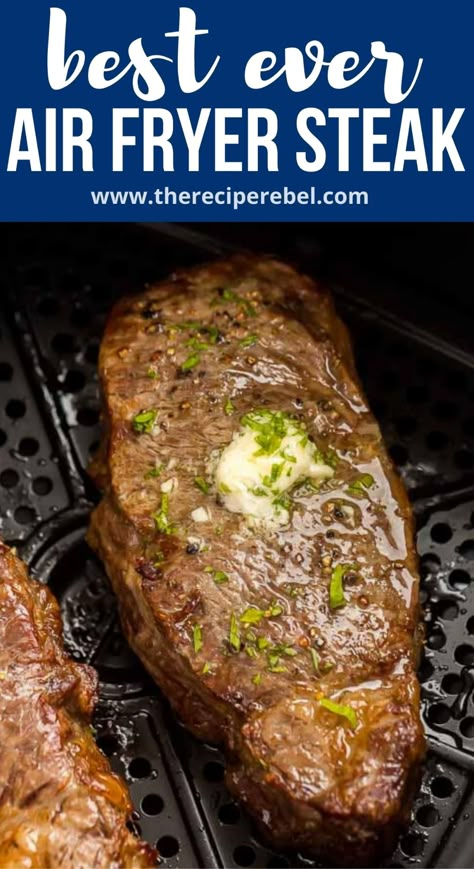 This Air Fryer Steak is a 5-ingredient, 17 minute recipe that makes the juiciest steak every time! It's seasoned with salt and pepper and slathered in homemade garlic butter! #airfryer #steak #recipe | air fryer recipes | easy air fryer | easy dinner ideas | how to cook steak | striploin steak | date night | easy recipes Air Fryer Steaks, Airfryer Steak, Air Fry Steak, Striploin Steak, Air Fryer Easy, Homemade Garlic Butter, New Air Fryer Recipes, Cook Steak, Air Fryer Steak