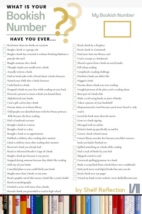 What is your bookish number? You love books. But exactly how bookish are you? Add one point for every item on this list that describes you and see what your score is. Share this fun list with your friends and see who is more bookish!
List created by Shelf Reflection Book Review Blog Book Club This Or That, How To Comprehend What You Read, Reading This Or That, Book Retreat Ideas, Bookish This Or That, Book This Or That, This Or That Book Edition, Bookish Games, Bookish Activities