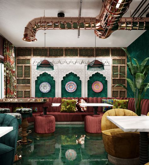 Moroccan Restaurant in Paris on Behance Colourful Restaurant Design, Marrocan Interiors, Restaurant Interior Design Modern, Ramadan Tent, Turkish Cafe, Moroccan Hotel, Cafe Bar Design, Cafe In Paris, Rooftop Restaurant Design