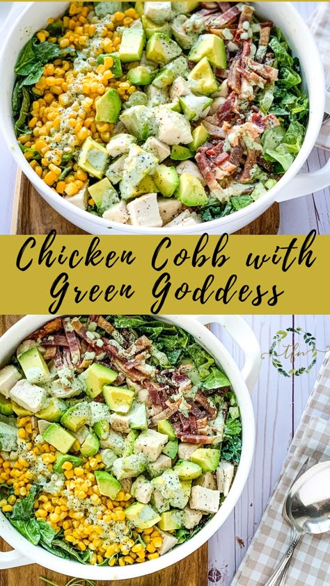 Green Goddess Salad With Chicken, Chicken Green Salad Recipe, Easy Green Salads For Parties, Summer Cobb Salad, Dairy Free Summer Dinner Recipes, Dairy Free Summer Dinner, Summer Salad With Chicken, Copycat Panera Salad, Chicken Green Salad