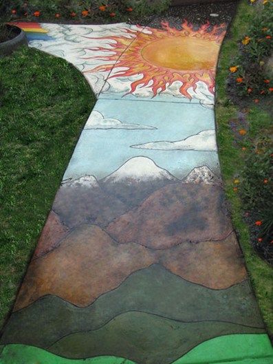 Get the Look - Exterior Overlays Wine Country Coatings Santa Rosa, CA Walkway Painting Ideas, Painting Sidewalk Concrete, Painted Crazy Paving, Painted Crosswalk, Biodynamic Garden, Painted Rugs On Concrete With Tassel’s, Backyard Murals, Gaia's Garden, Sidewalk Ideas