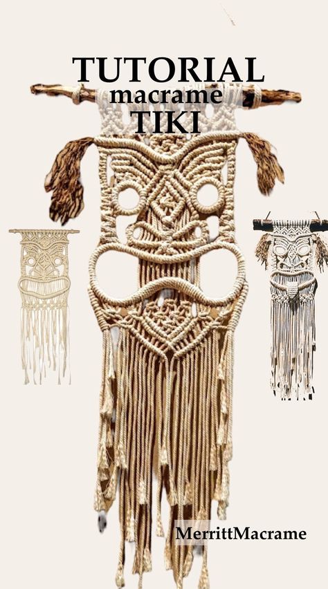 "DIY Macrame TIKI tutorial pattern written in ENGLISH. This is a PDF DIGITAL DOWNLOAD. KITs are also available in my shop. The PDF pattern demonstrates 30 pages of step by step written instructions with photos. This pattern is customizable. You can choose from select design options and the pattern allows for areas to improvise if desired (improvisation is not required, all instructions are given). Macrame experience is recommended but not necessary. More complex knots are shown step-by-step in d Macrame Sloth, Beach Macrame, Disney Macrame, Diy Tiki Decorations, Macrame Animals, Art Macramé, Free Macrame Patterns, Small Macrame, Makramee Diy